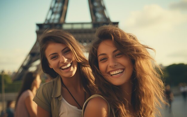 De belles femmes devant la tour Eiffel à Paris