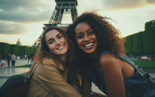 De belles femmes devant la tour Eiffel à Paris