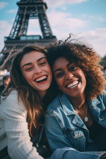 De belles femmes devant la tour Eiffel à Paris