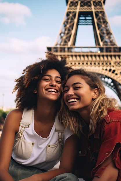 De belles femmes devant la tour Eiffel à Paris