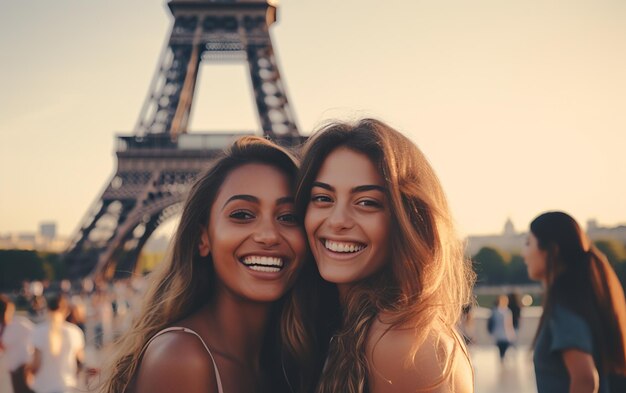 De belles femmes devant la tour Eiffel à Paris
