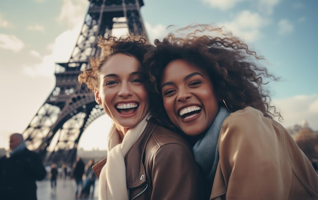 De belles femmes devant la tour Eiffel à Paris