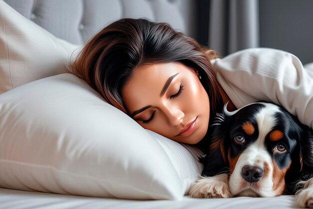 Photo de belles femmes heureuses et un mignon cocker spaniel anglais sur un lit.