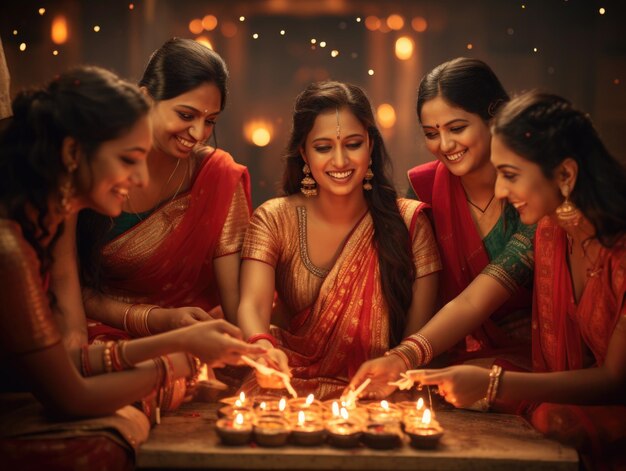 belles femmes indiennes en costume traditionnel tenant une lampe de diwali