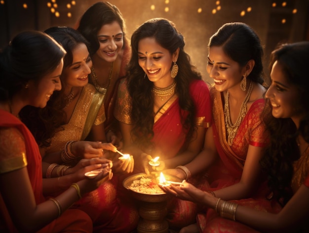 belles femmes indiennes en costume traditionnel tenant une lampe de diwali