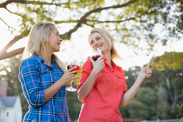 Belles femmes parlant tout en ayant un verre de vin rouge