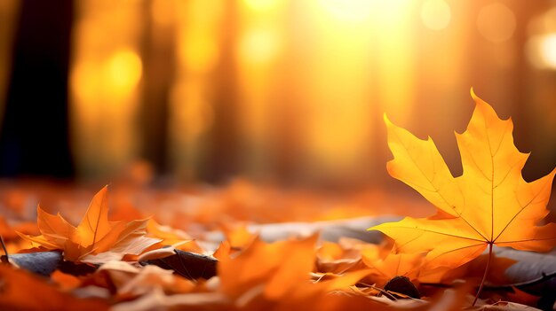 De belles feuilles d'érable orange d'automne près de la forêt avec un focus doux au coucher du soleil