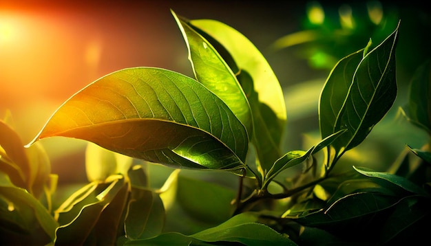 Belles feuilles de thé vert avec la lumière du soleil AI générative