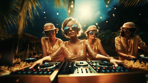de belles filles DJ sexy entourent les palmiers travaille sur le style de la mode et de la musique concept de divertissement d'événement