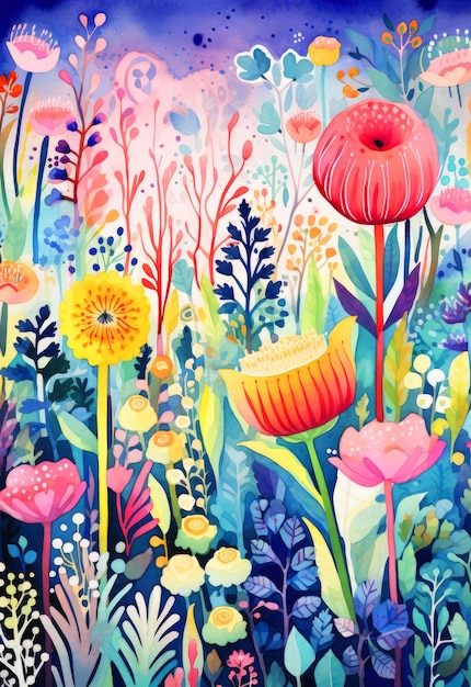 Belles fleurs aquarelles dans le jardin illustrations florales aquarelles aux couleurs saturées