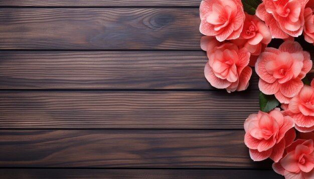 De belles fleurs artificielles sur une table en bois brune à plat. Espace pour le texte.