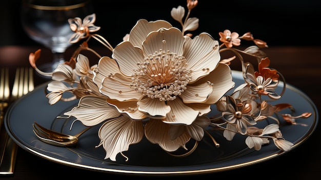 Belles fleurs sur une assiette Generative AI