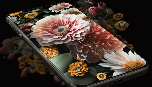 De belles fleurs autour d'un fleuriste de smartphone photographiant une image d'art générée par l'IA