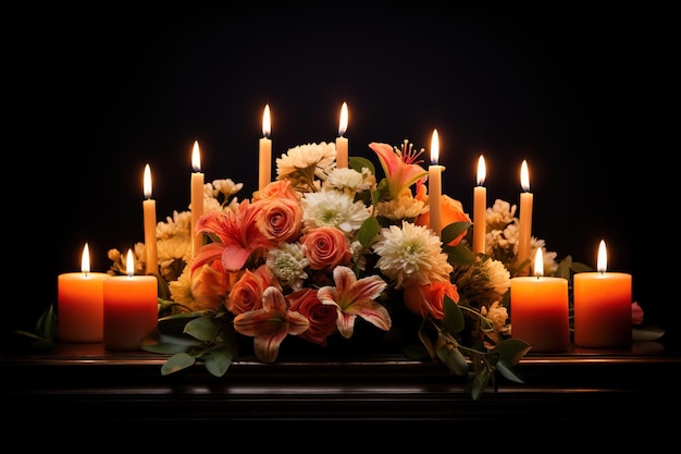 Photo de belles fleurs et des bougies sur un fond noir concept funéraire
