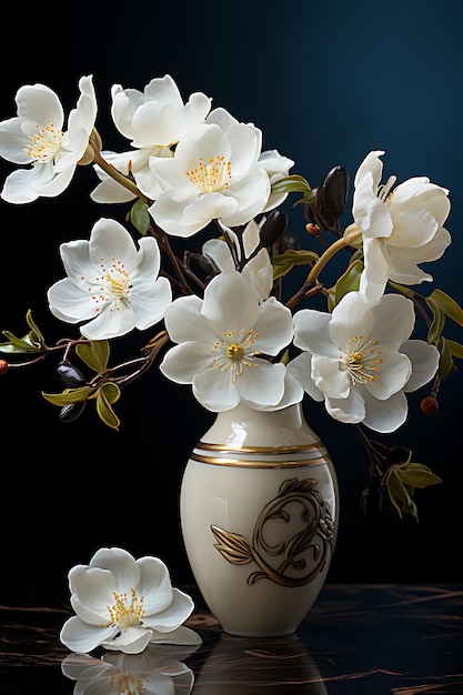 Belles fleurs et brindilles dans un vase blanc