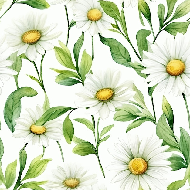 Photo belles fleurs de camomille marguerite sans soudure et motif de feuilles vertes