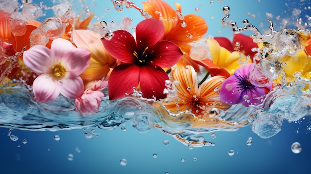 Photo de belles fleurs colorées sur l'eau avec des gouttes éclaboussées