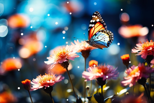 belles fleurs colorées avec des papillons volant au-dessus