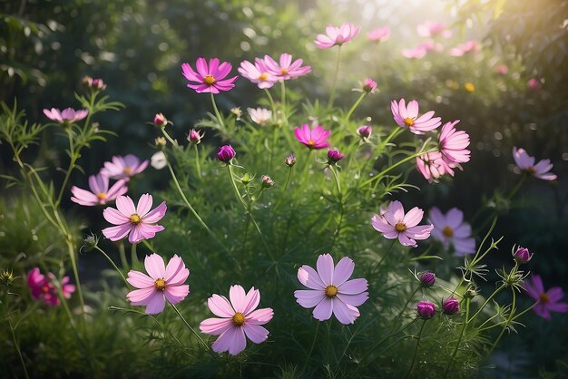 De belles fleurs cosmiques rose foncé fleurissant dans le jardin avec un fond bokeh flou