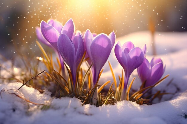 De belles fleurs de crocus dans la neige Les premières fleurs du printemps