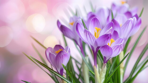 De belles fleurs de crocus sur un fond rose bokeh en gros plan