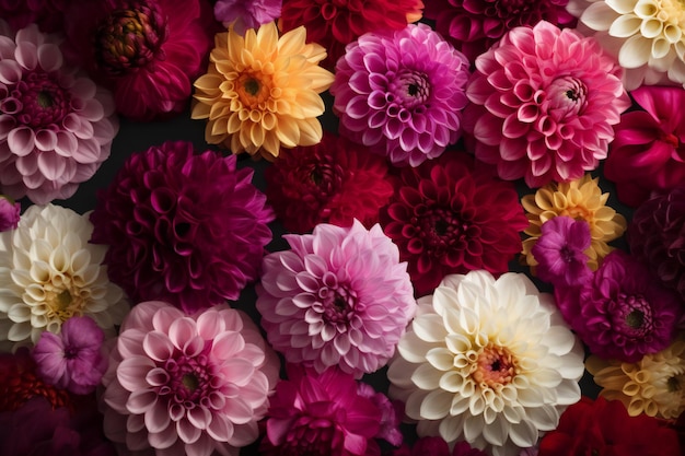 Photo belles fleurs de dahlia colorées sur la vue de dessus de fond sombre