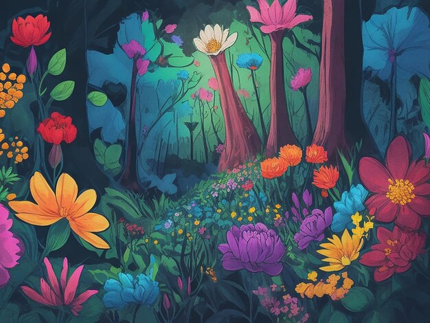 Belles fleurs dans la forêt illustration de dessin animé