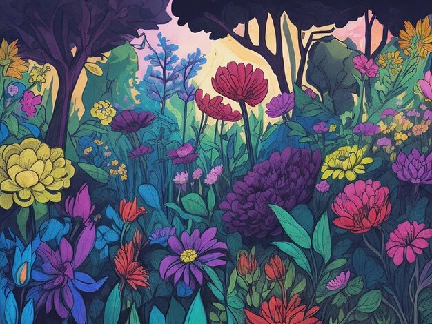 Photo belles fleurs dans la forêt illustration de dessin animé