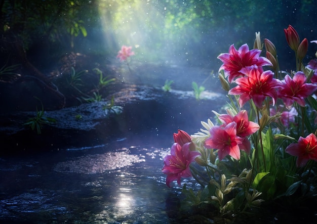 De belles fleurs dans le jardin avec la lumière du soleil et de l'eau