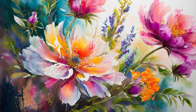 De belles fleurs dans la nature Peinture à l'huile lisse et humide Art dessiné à la main