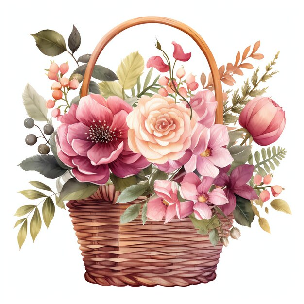 de belles fleurs dans un panier dans une illustration de clipart de style boho