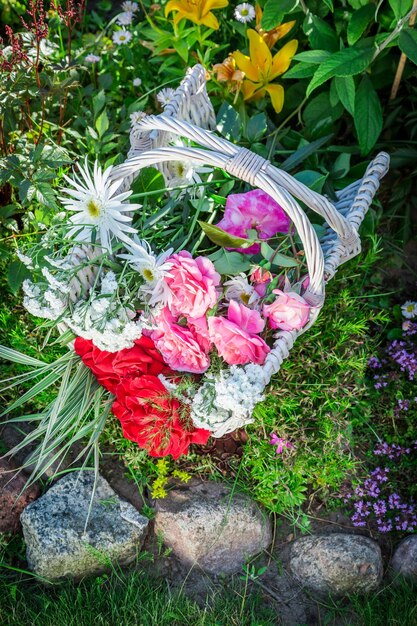 Belles fleurs dans un panier dans un jardin ensoleillé