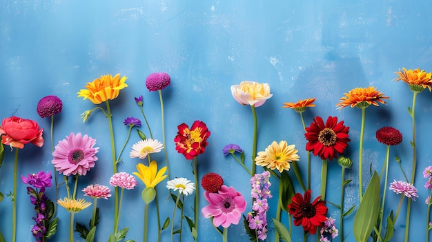 De belles fleurs de différentes couleurs sur un fond bleu Les fleurs sont disposées en rangée et comprennent des roses des tulipes des lys et des marguerites