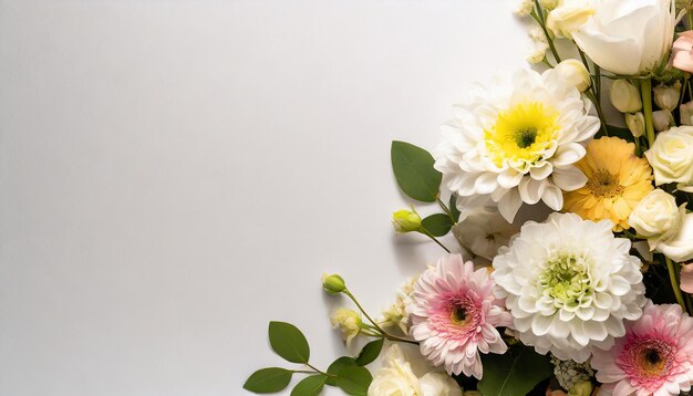 Belles fleurs et feuilles sur fond blanc espace de copie Frontière florale Nature et plantes d'été