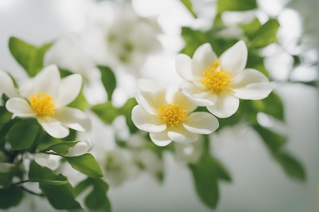 De belles fleurs et feuilles de printemps sur fond blanc avec un espace négatif généré par l'IA