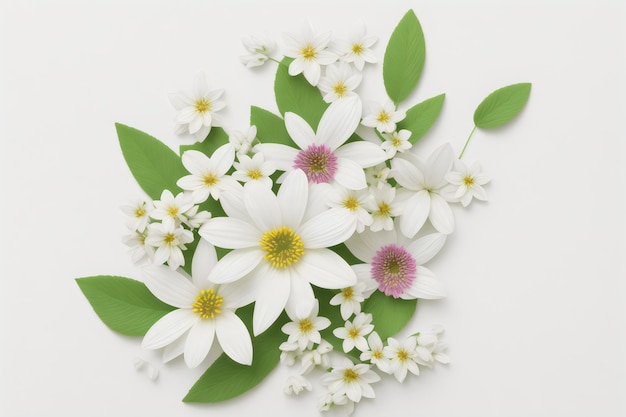 belles fleurs et feuilles de printemps sur fond blanc avec espace négatif