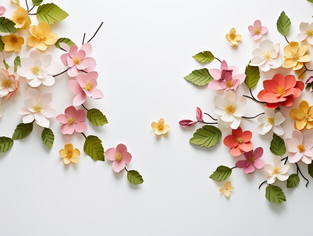 De belles fleurs et feuilles de printemps sur fond blanc avec un espace négatif