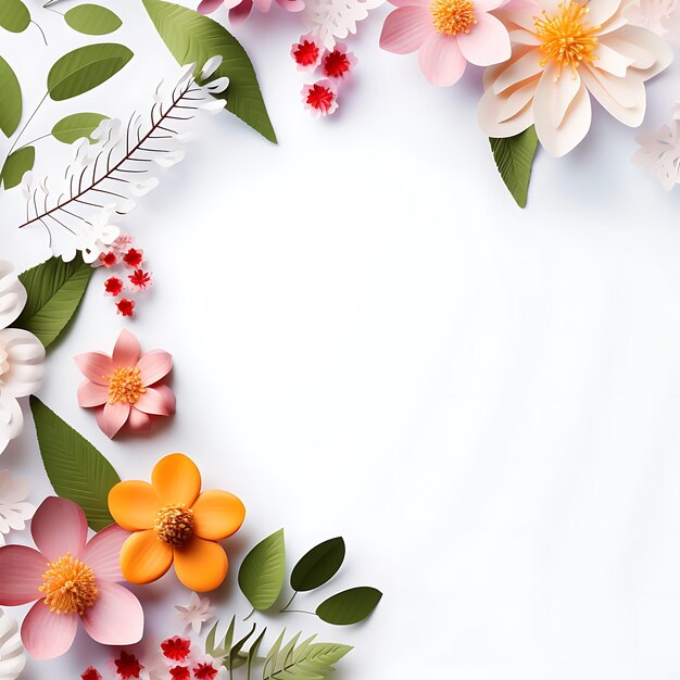 De belles fleurs et feuilles de printemps sur fond blanc avec un espace négatif