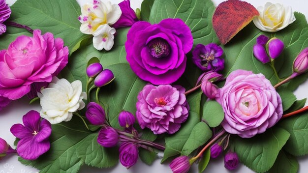 Photo de belles fleurs et feuilles de printemps sur fond blanc avec un espace négatif