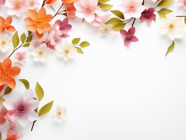 belles fleurs et feuilles de printemps sur fond blanc avec espace négatif