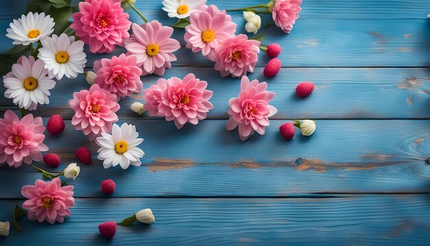 De belles fleurs sur un fond bleu en bois