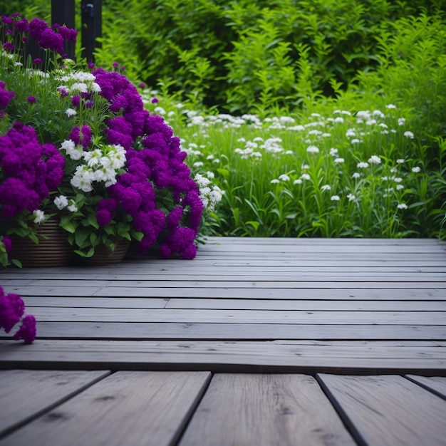 Belles fleurs sur un fond en bois Un parquet contre de belles fleurs jardin