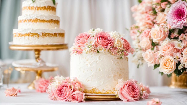 De belles fleurs de gâteau de mariage à plusieurs niveaux