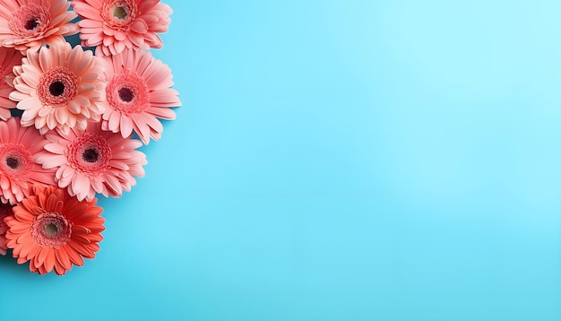 Photo de belles fleurs de gerberas de corail sur fond bleu vue de haut composition florale minimaliste