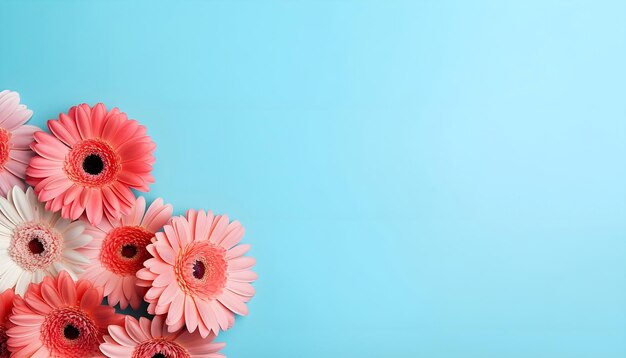 Photo de belles fleurs de gerberas de corail sur fond bleu vue de haut composition florale minimaliste