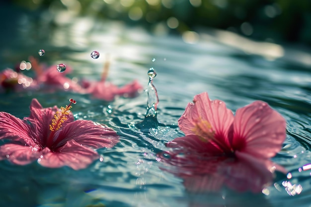 Photo de belles fleurs d'hibiscus roses flottant dans l'eau