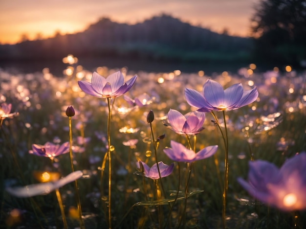 Belles fleurs de jardin sur fond de coucher de soleil