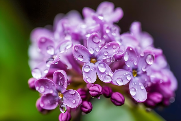 Belles fleurs lilas violettes avec des gouttes d'eau sur les pétales Generative AI