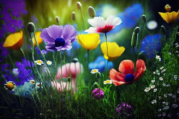 Belles fleurs lumineuses dans les jardins de pré de fleurs au printemps créées avec ai générative