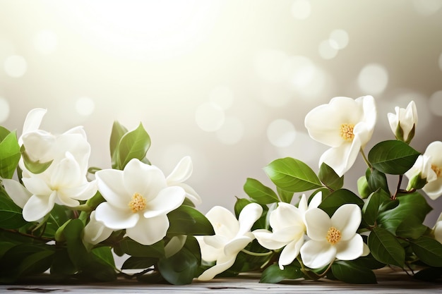 Belles fleurs de magnolia sur table en bois avec effet bokeh